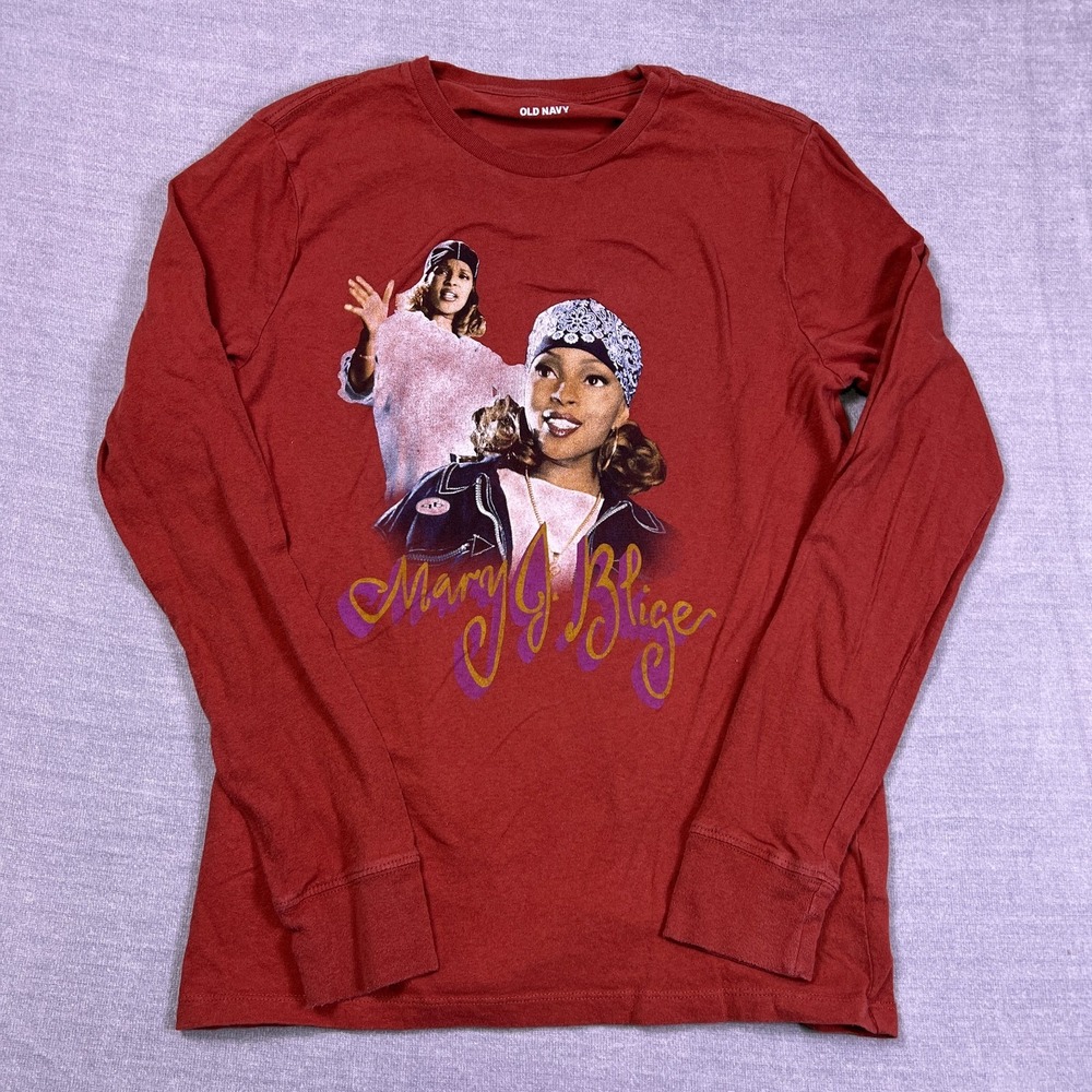 Old Navy Mary J Blige Graphic Long Sleeve T-Shirt Womens XS Maroon Red Cotton